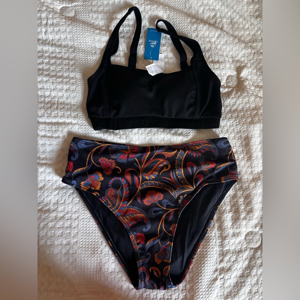 Athena Black Ribbed Swim Bralette with Floral-Print High-Waist Bottoms